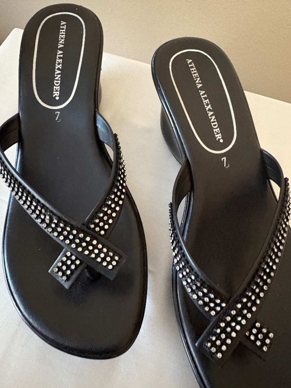 Athena Alexander Black  Crystal Trim Wedge Thong Sandals